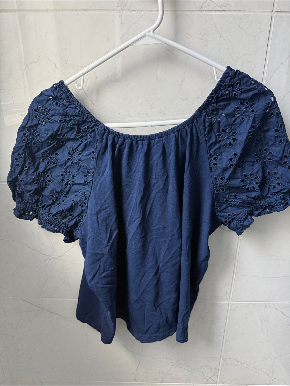 J. Crew Dark Navy Eyelet Puff-Sleeve Top